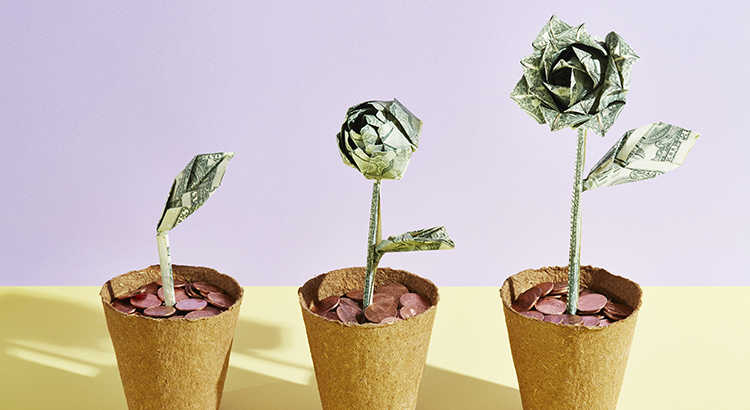 Three origami dollar flowers in a row